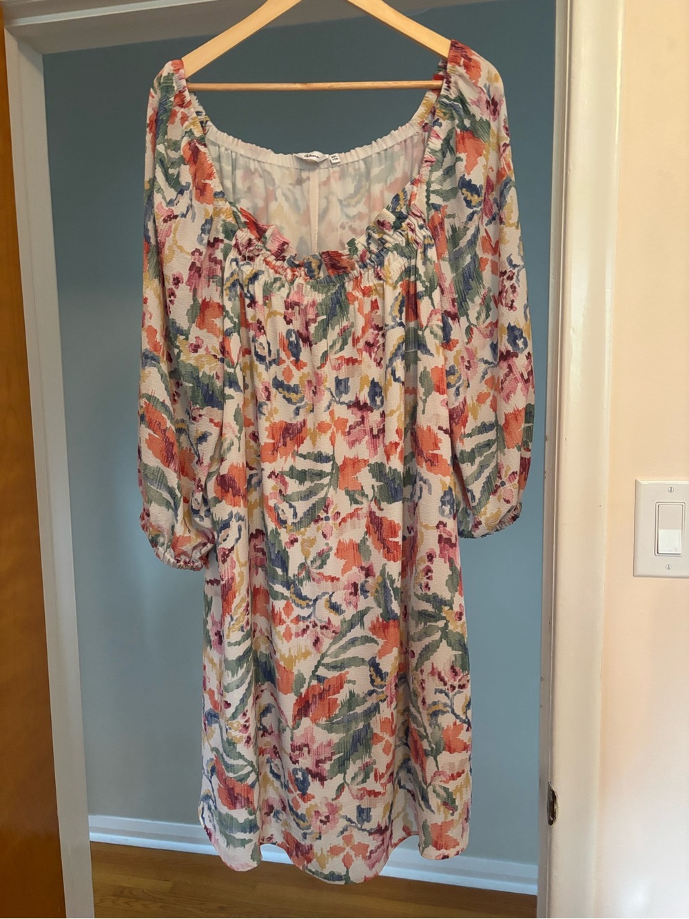 Boho Floral Peasant Dress in Cream, Green & Coral
